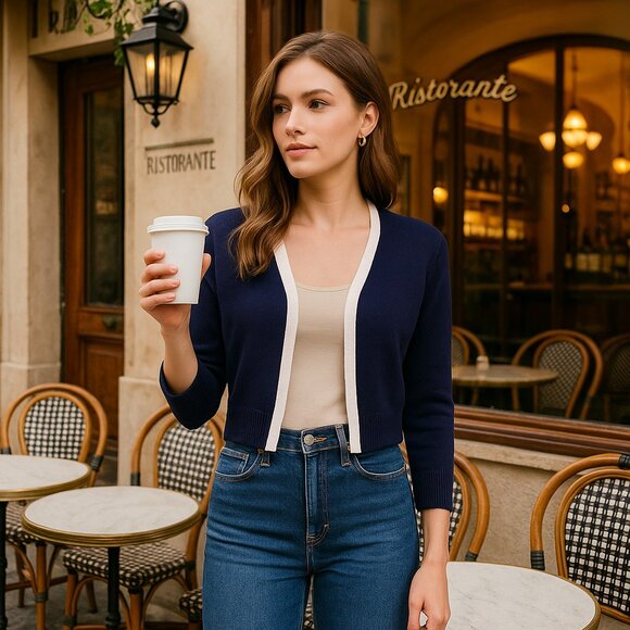 Pointelle Navy Cropped Open-Front Cardigan with White Trim | Size Medium - Picture 1 of 7